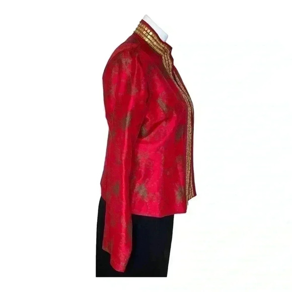 Chico’s cherry red gold beaded  sequin Oberon Lavoie Jacket 100 silk size Medium - Picture 3 of 5